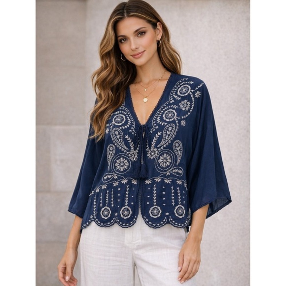 April Sky Boho Embroidered Paisley Kimono Cardigan Women L‎ Navy Cottage Coastal